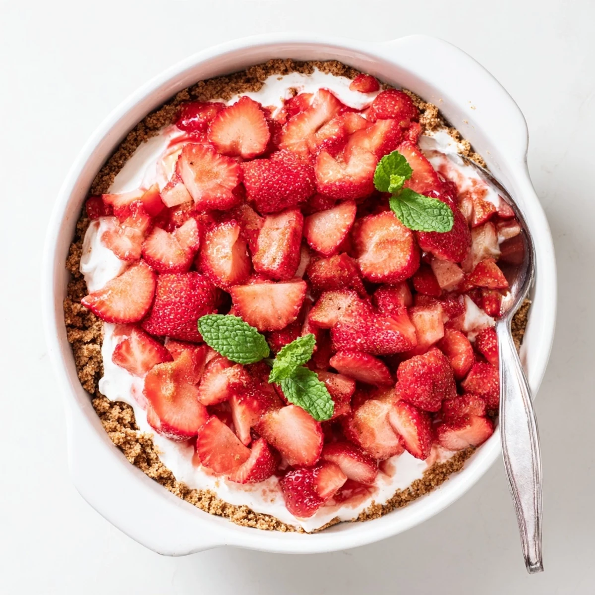 Chilled No Bake Strawberry Shortcake Dessert in a square dish, garnished with mint