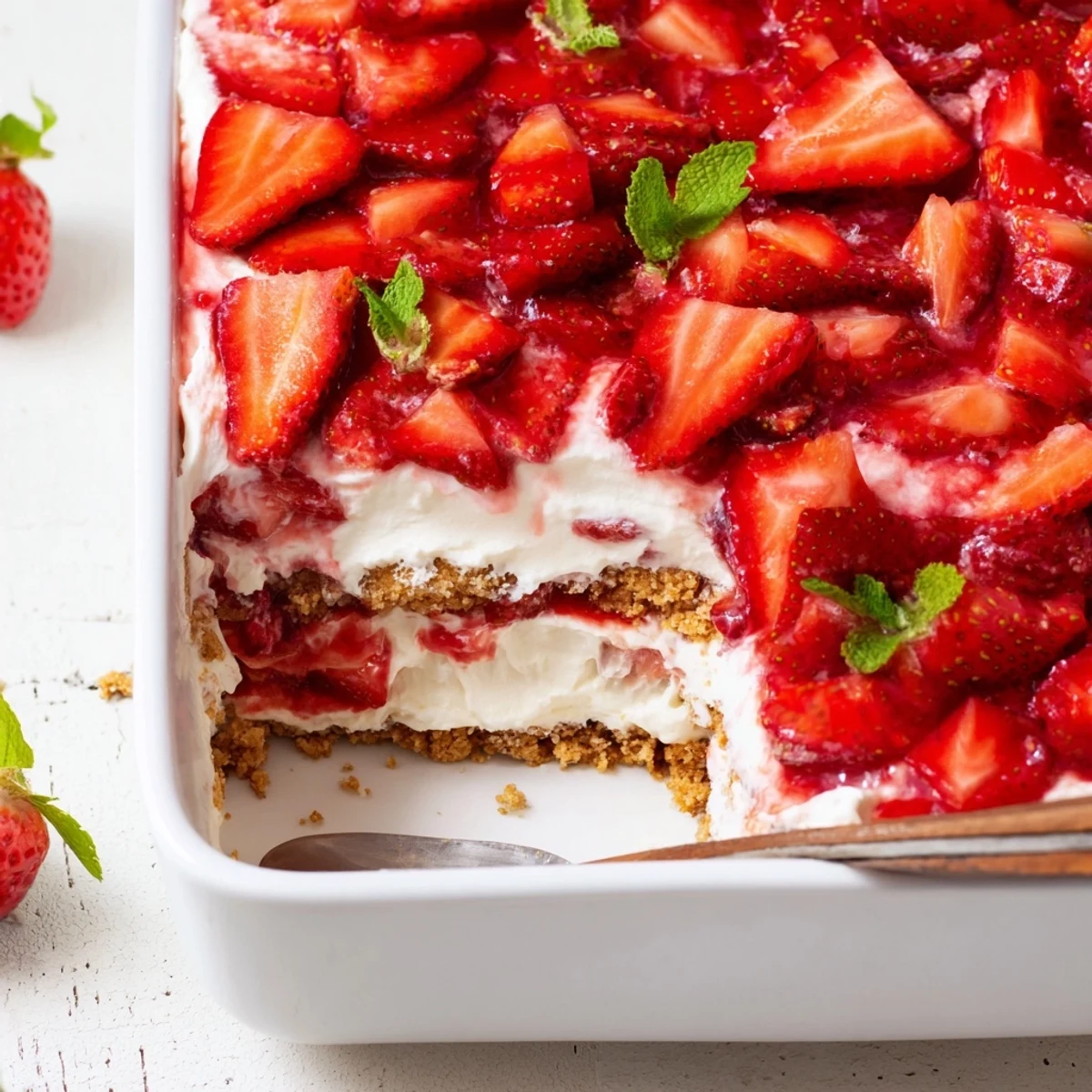 Layers of cookie crumb, whipped cream, and berries in No Bake Strawberry Shortcake Dessert