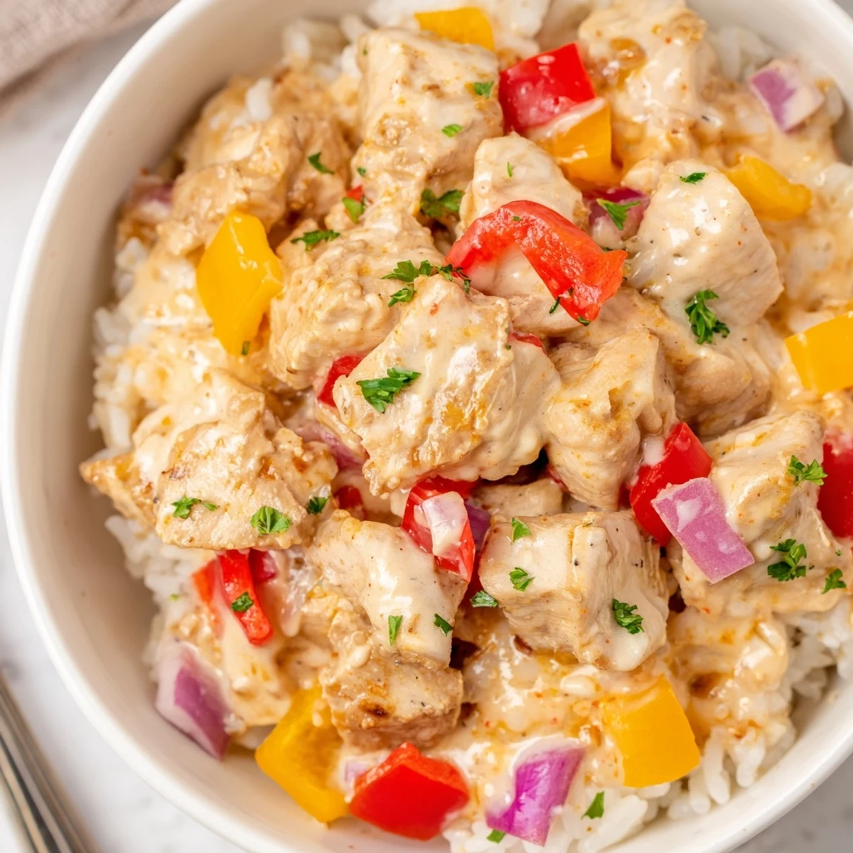 Creamy Cajun Chicken Rice Bowls with tender chicken, vibrant peppers, and steaming rice
