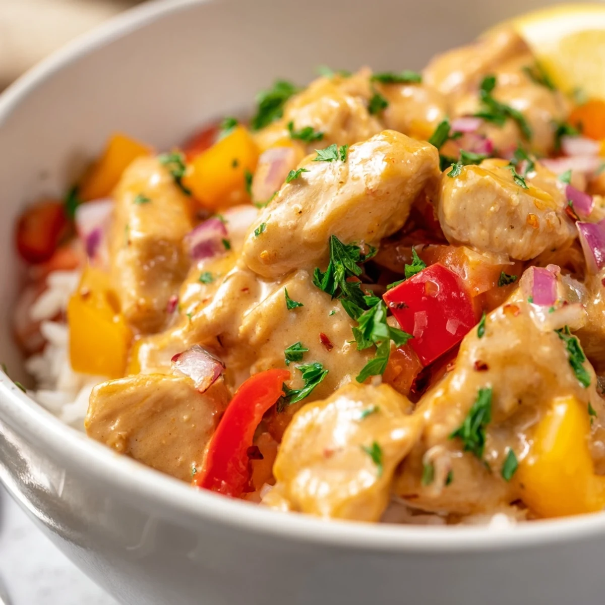 Creamy Cajun Chicken Rice Bowls served with parsley garnish and lemon wedges