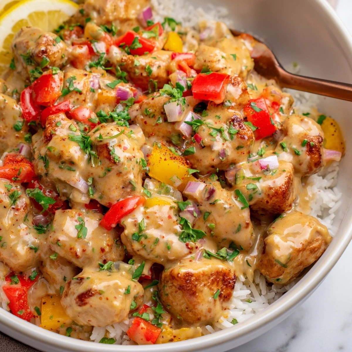 Close-up of Creamy Cajun Chicken Rice Bowls, silky sauce, fragrant spices