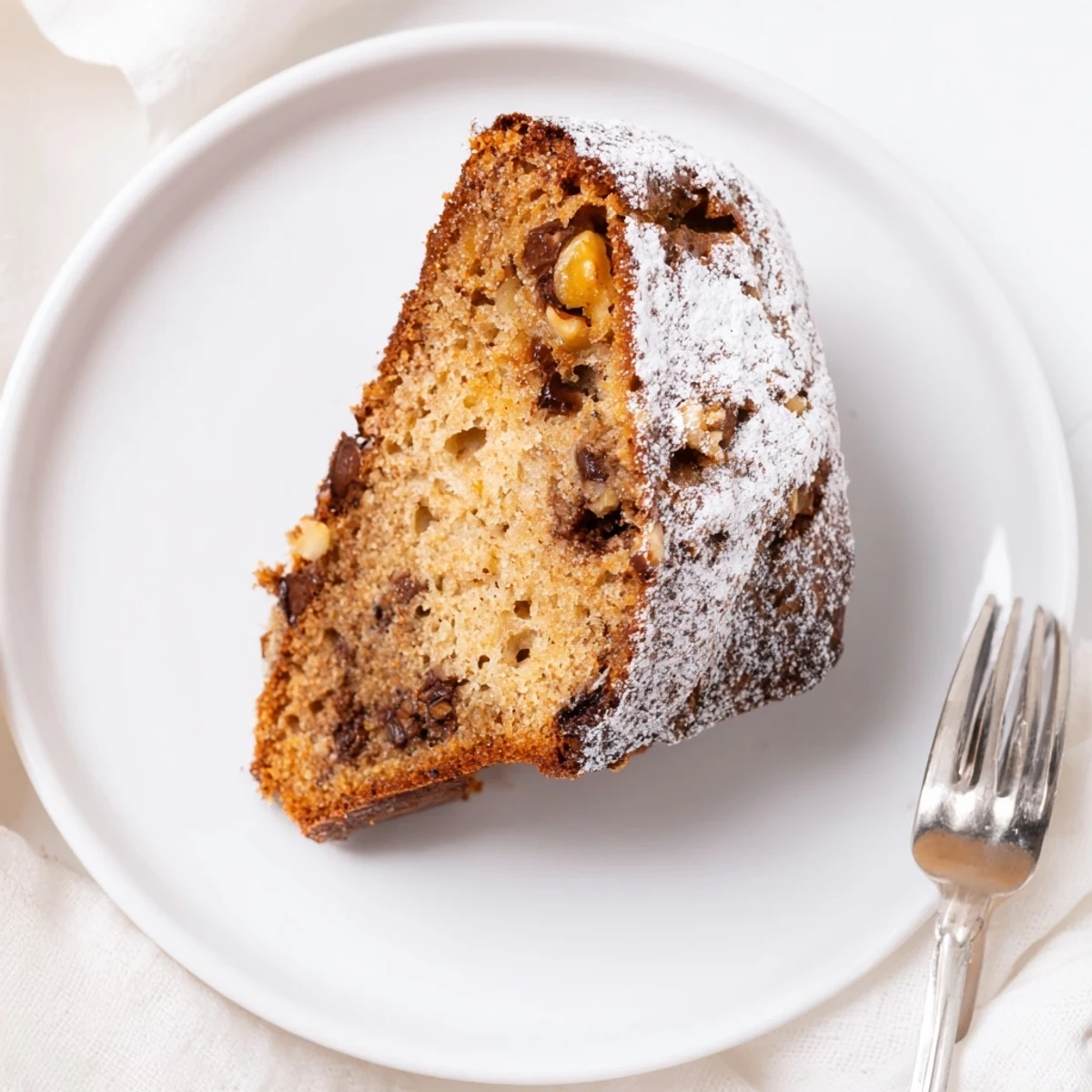 Slice of moist Banana Bread Cake Recipe on plate, walnuts and powdered sugar