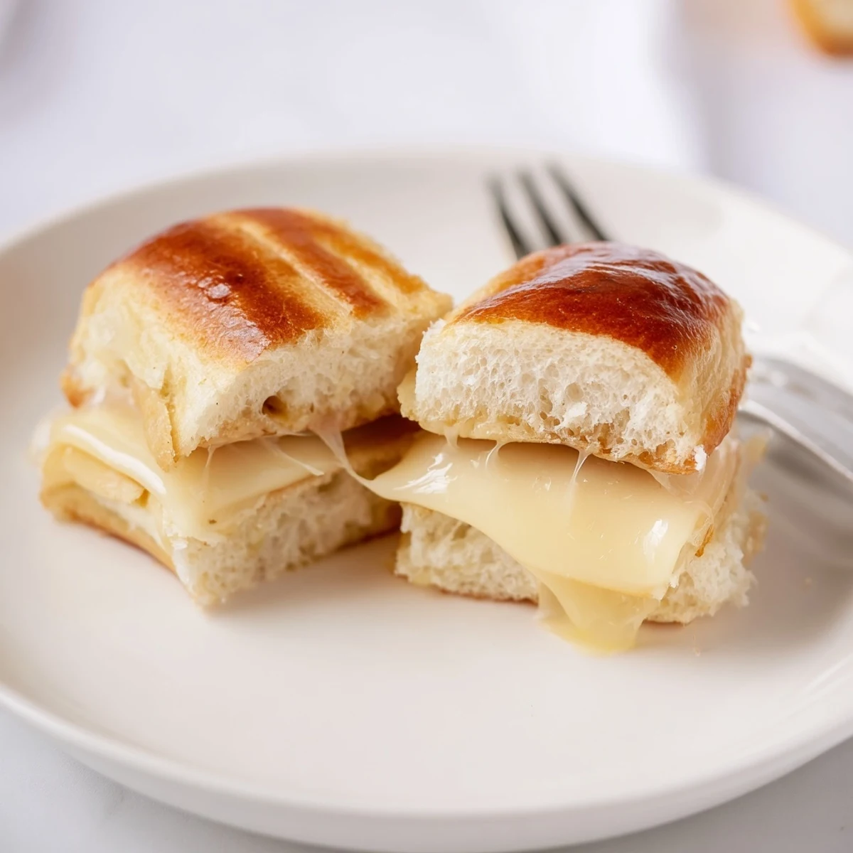Tray of Mini Grilled Cheese Hawaiian Rolls, buttery brushed tops, served with tomato soup
