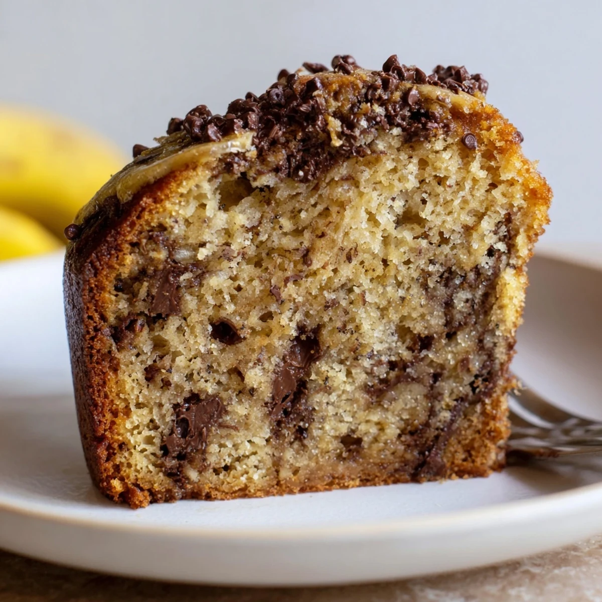 Banana Chocolate Chip Cake cooling on rack, golden crust and gooey chips