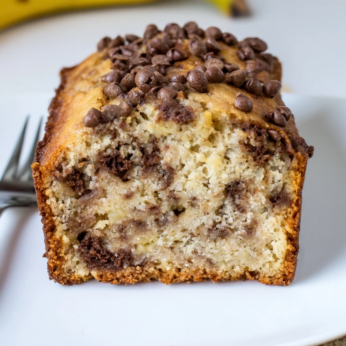 Homemade Banana Chocolate Chip Cake showing moist crumb, banana aroma, chocolate pockets