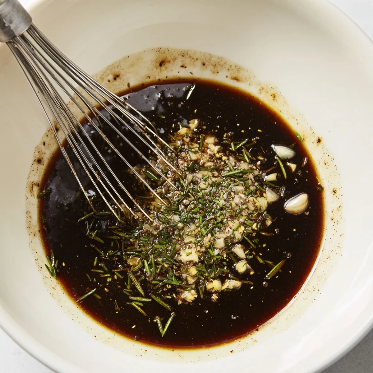 Homemade Steak Marinade soaking flank steak, tangy balsamic and lemon notes.