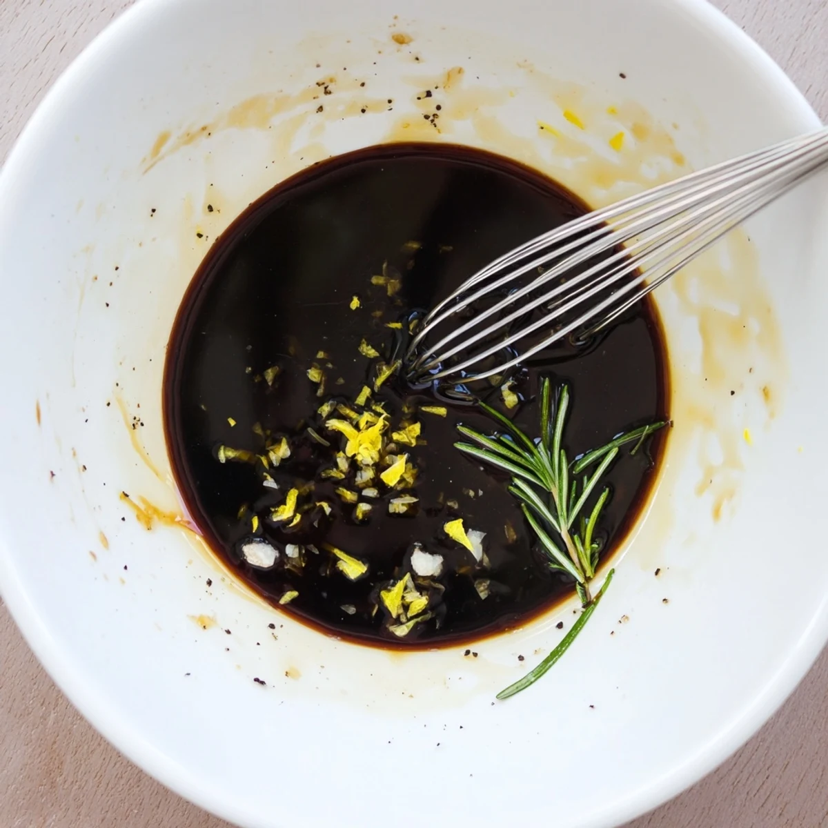 Bowl of Steak Marinade with minced garlic and rosemary, ready to pour.