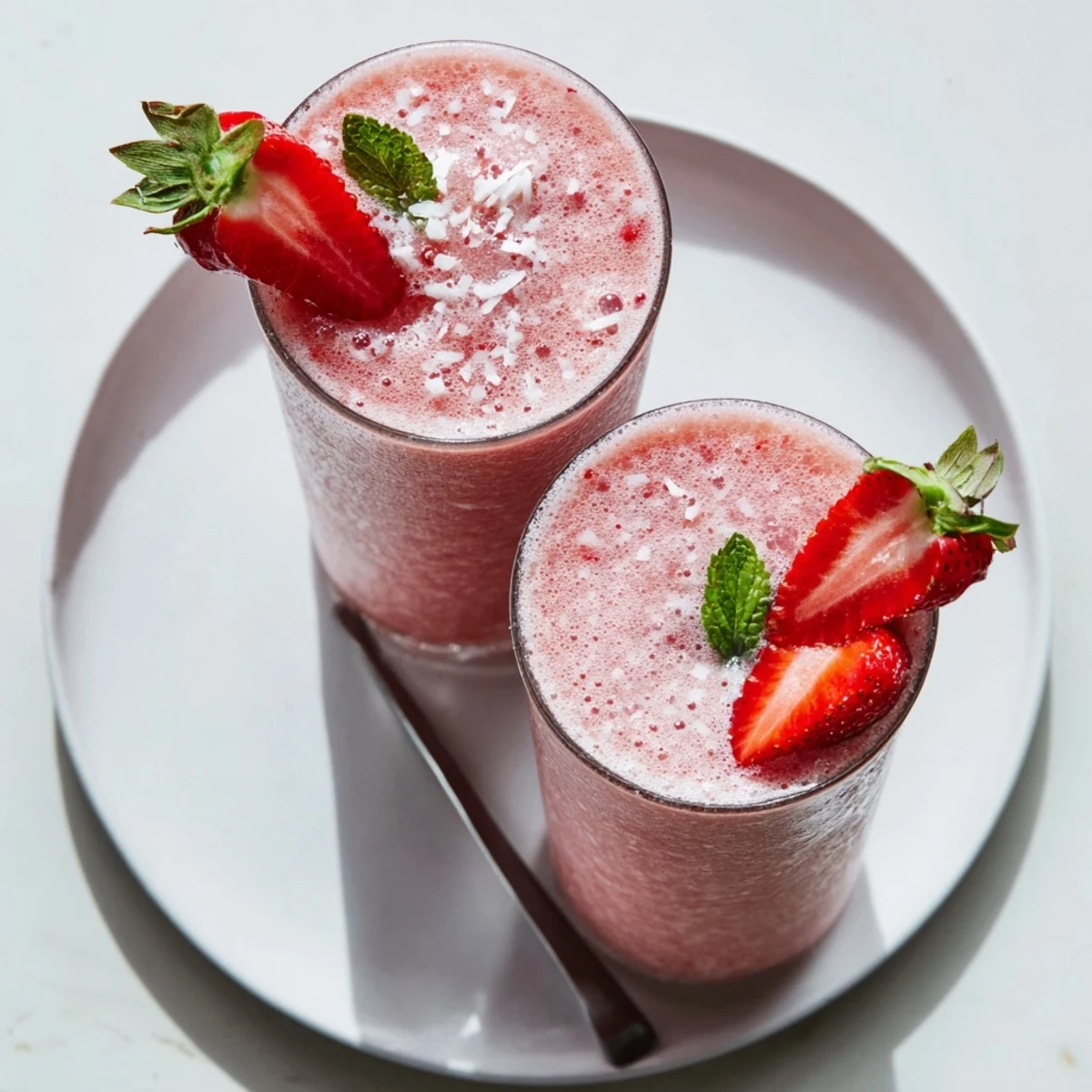 Creamy pink Strawberry Coconut Cooler Recipe served chilled with strawberry slices
