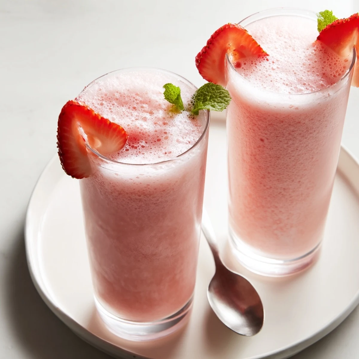Frothy Strawberry Coconut Cooler Recipe blended with crushed ice, bright lime