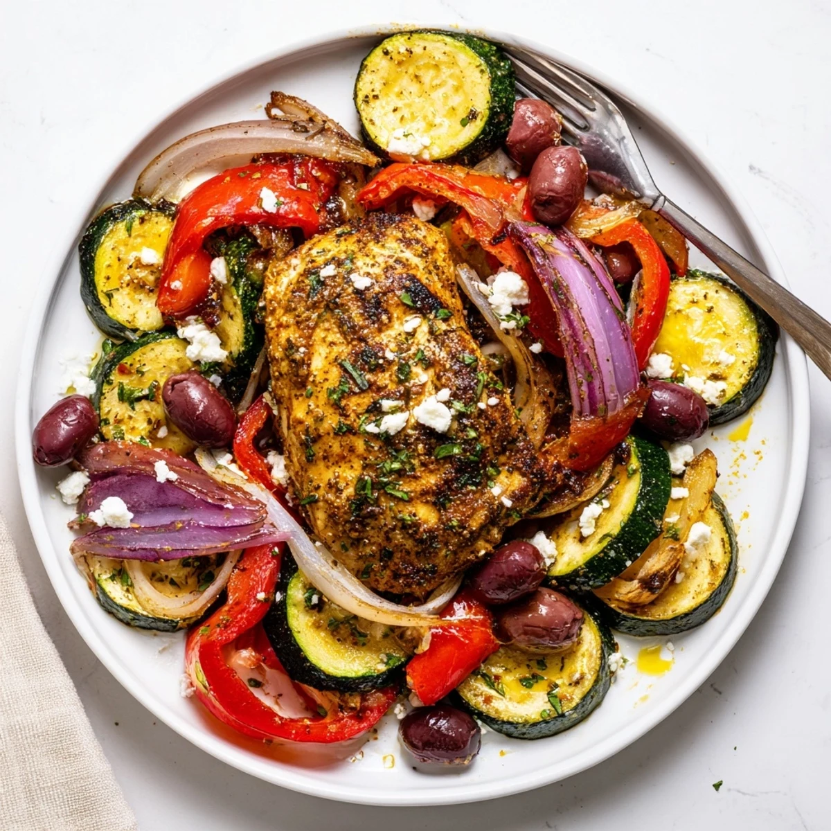 Sheet Pan Mediterranean Chicken Zucchini roasting with charred summer squash, juicy tomatoes, and feta
