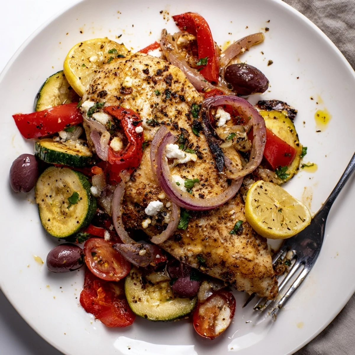 Oven-browned Sheet Pan Mediterranean Chicken Zucchini served hot with olives and parsley