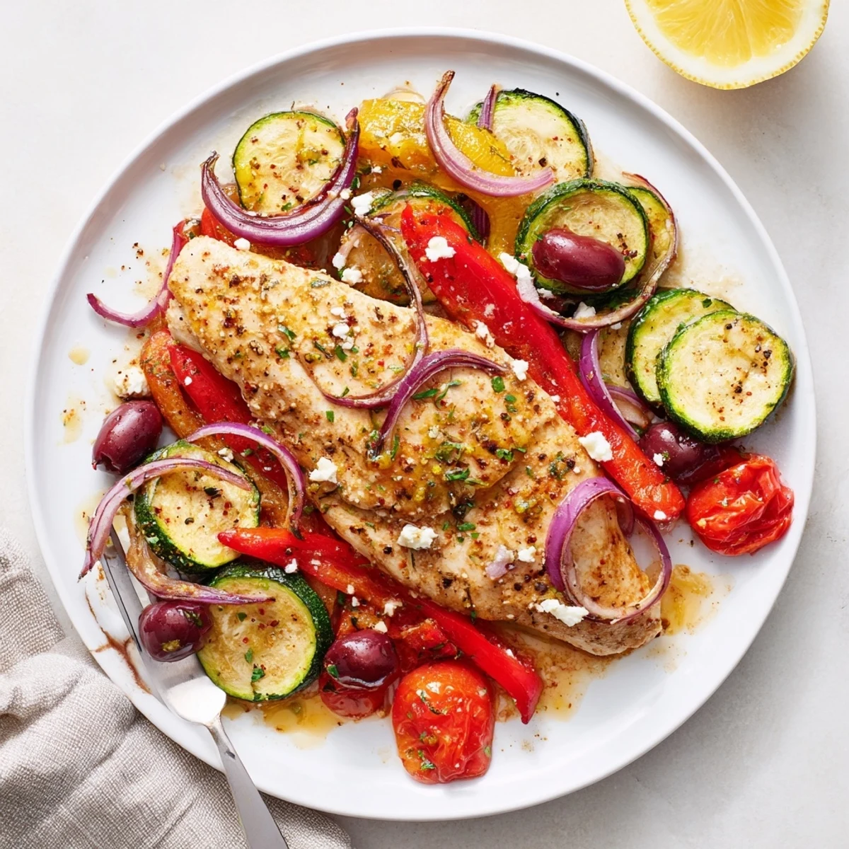 Tangy lemon-glazed Sheet Pan Mediterranean Chicken Zucchini on parchment, ready to spoon