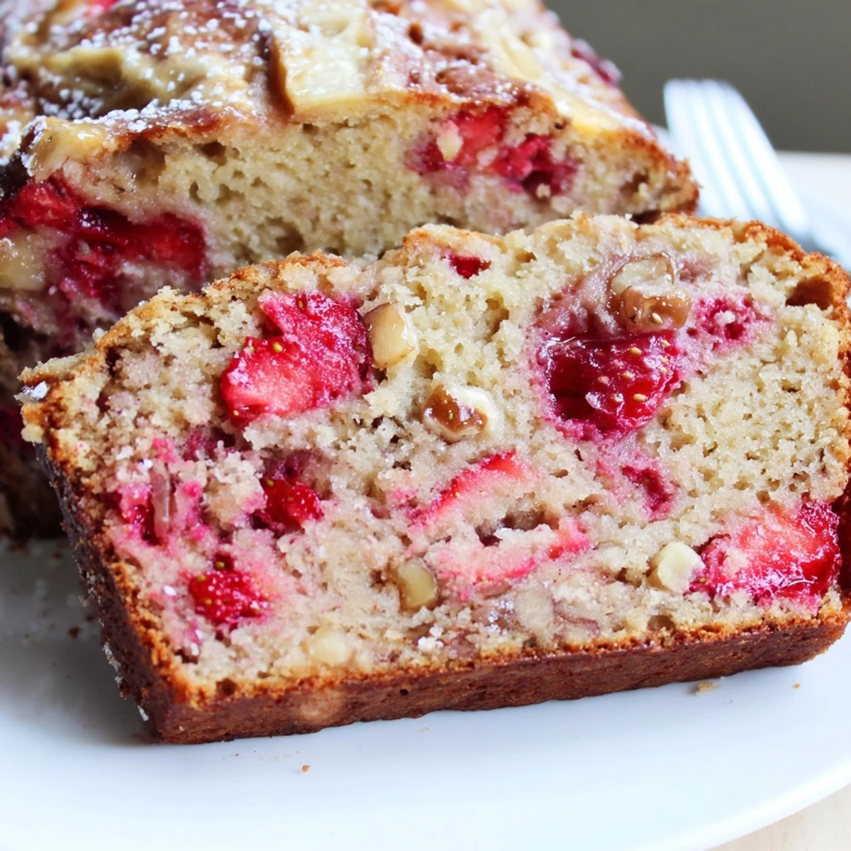 Warm Strawberry Banana Bread Recipe cooling on rack, strawberries glistening, steam rising