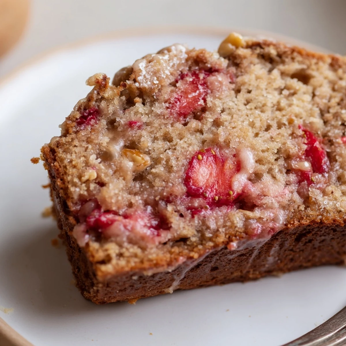 Sliced Strawberry Banana Bread Recipe served with melting butter, soft crumb
