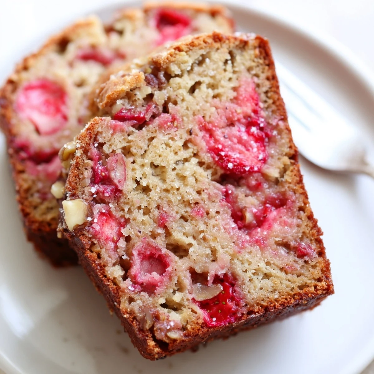 Fresh-baked Strawberry Banana Bread Recipe arranged for breakfast, juicy strawberry pockets visible