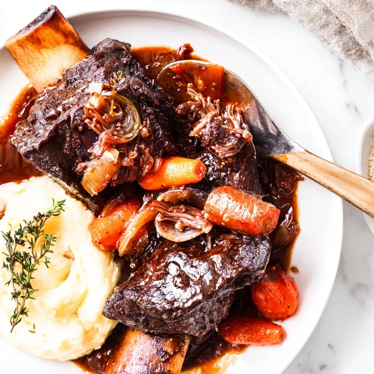 Slow Cooker Beef Short Ribs braised in glossy red-wine sauce, fall-off-the-bone