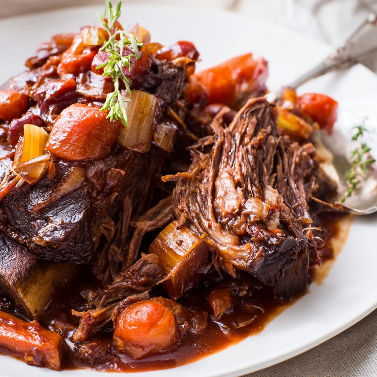 Hearty bowl of Slow Cooker Beef Short Ribs atop buttery mashed potatoes