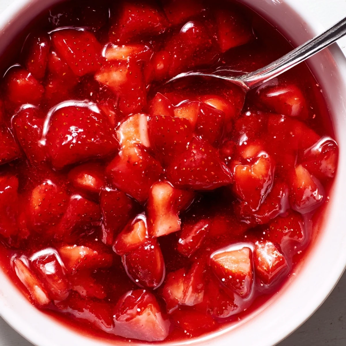 Warm Strawberry Cake Filling Recipe spooned between vanilla cake layers, sweet and tart aroma