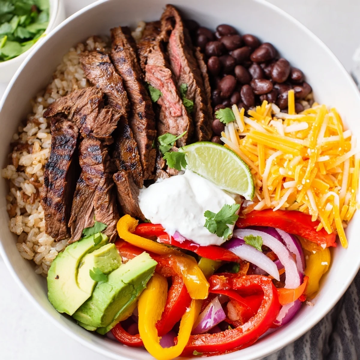Steak Fajita Power Bowls with sizzling marinated steak, charred peppers and lime.