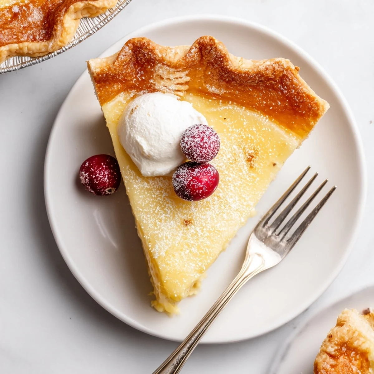 Sliced Christmas Eve Custard Pie With Cinnamon Vanilla steaming, fragrant cinnamon holiday dessert