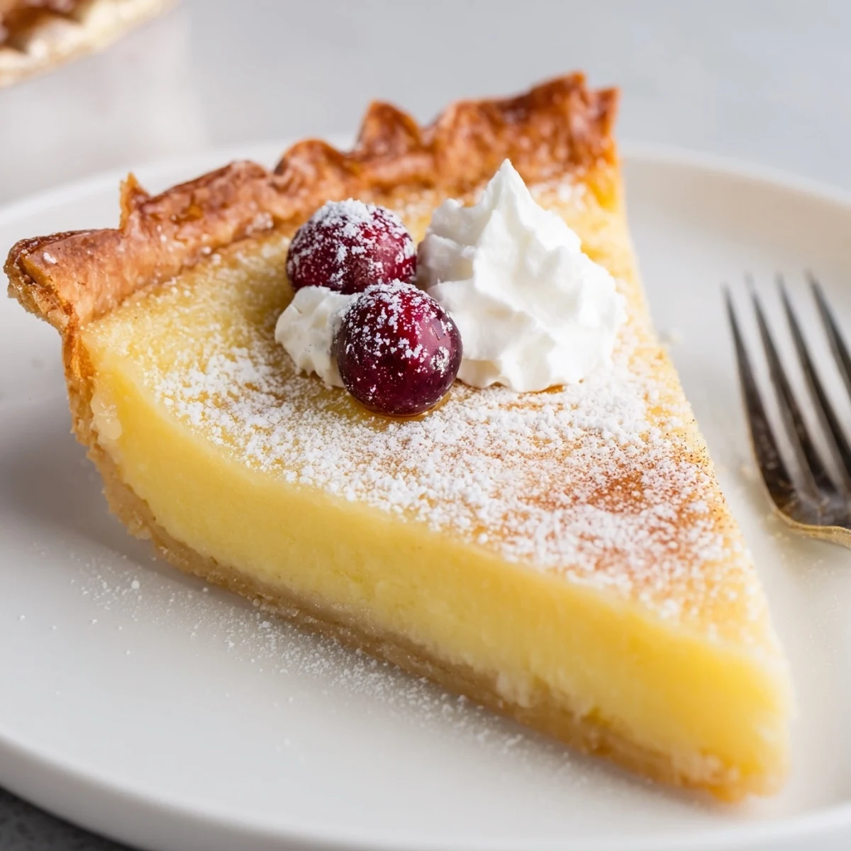 Slice of Christmas Eve Custard Pie With Cinnamon Vanilla garnished with sugared cranberries