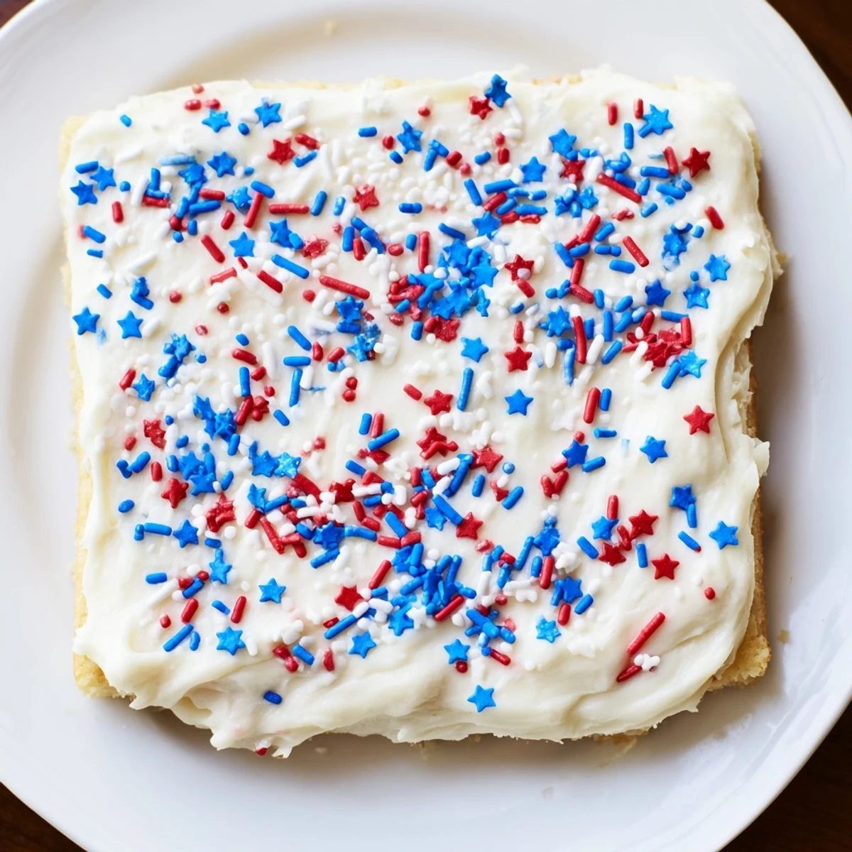 Soft baked 4th of July sugar cookie bars topped with creamy vanilla frosting and patriotic red white blue sprinkles for Independence Day celebrations