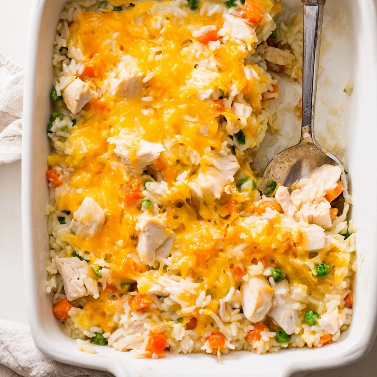 Golden cheesy chicken and rice casserole bake bubbling in a baking dish with melted cheddar topping