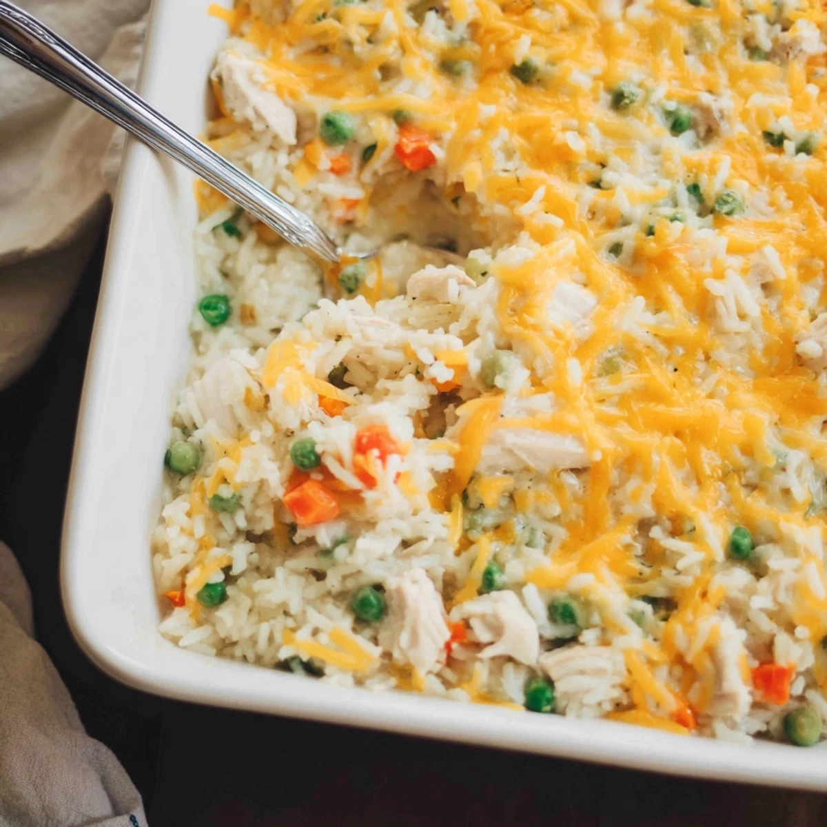Creamy chicken and rice casserole featuring tender shredded chicken baked with vegetables under a golden cheese crust