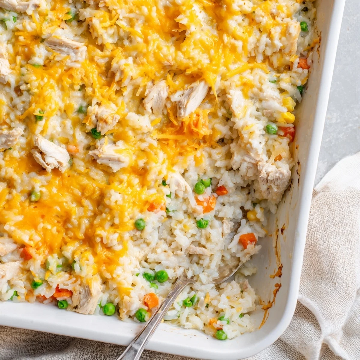 Comforting chicken and rice casserole bake with fluffy rice in a rich cream sauce topped with melted cheese