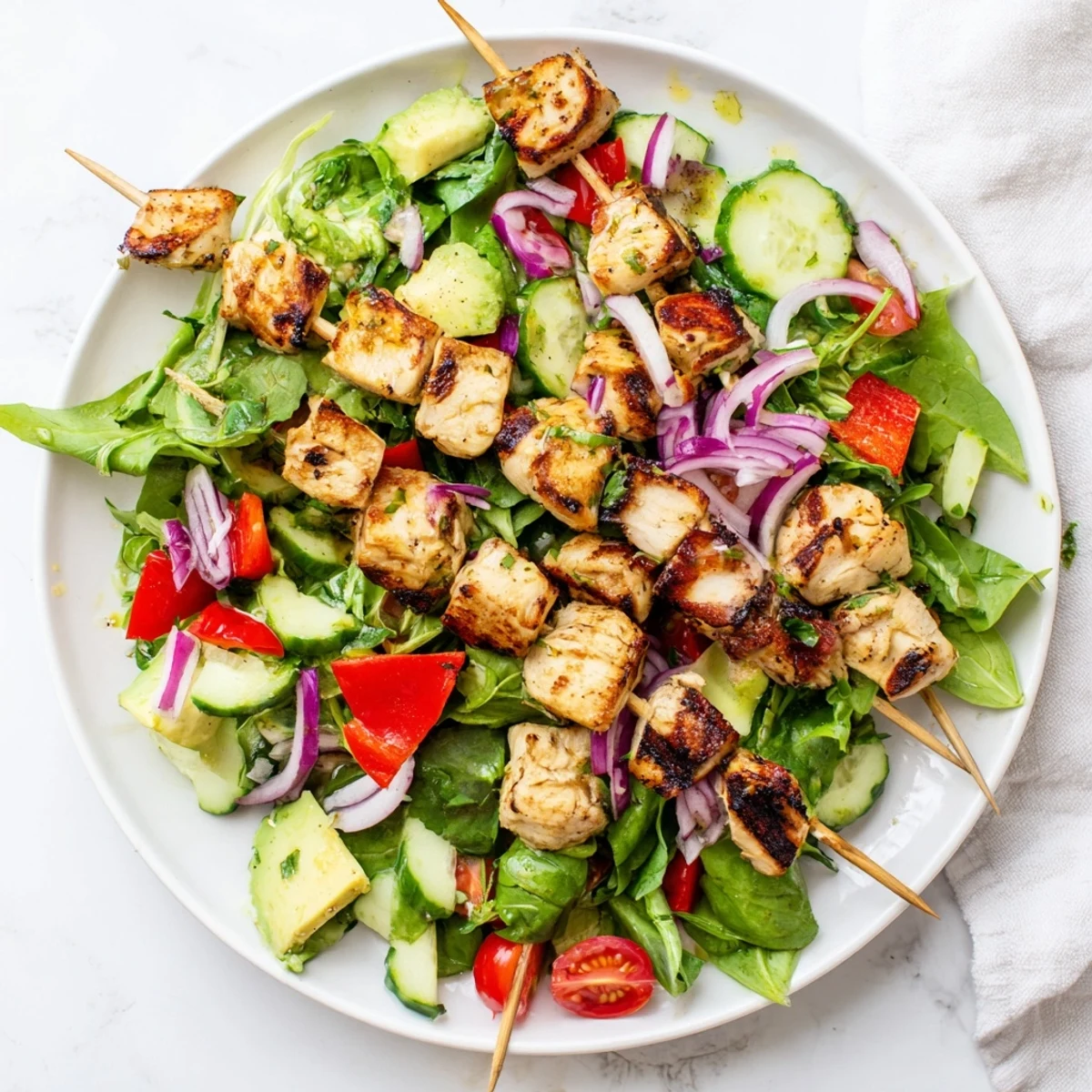 Savory BBQ chicken skewer salad recipe featuring charred meat atop mixed greens with tangy lemon dressing