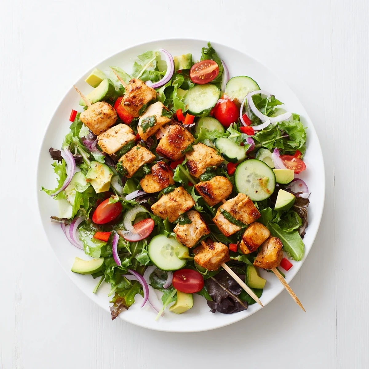 Colorful BBQ chicken skewer salad recipe with grilled chicken, crisp vegetables, and fresh avocado slices