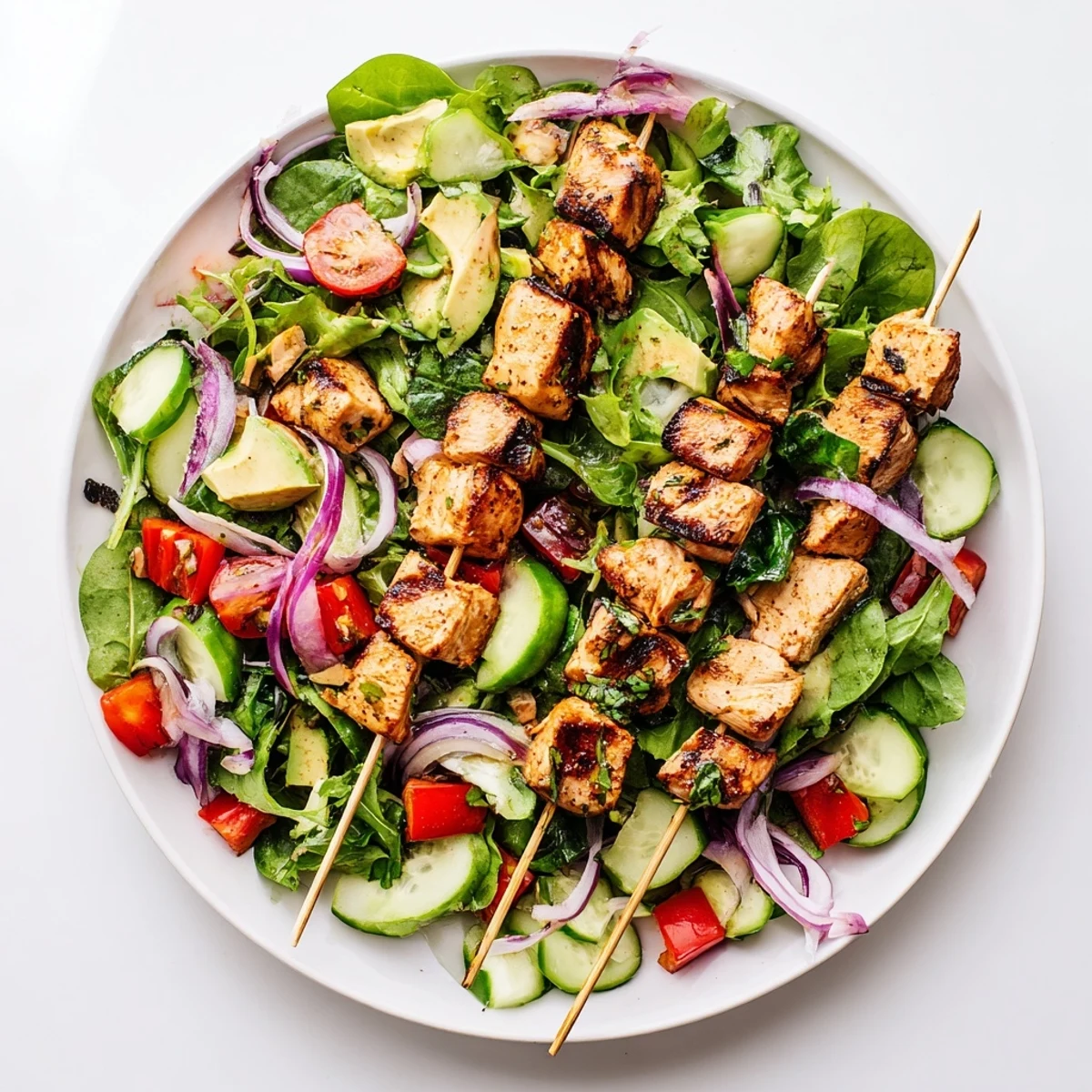 Summer BBQ chicken skewer salad recipe displaying juicy skewered chicken over vibrant garden vegetables