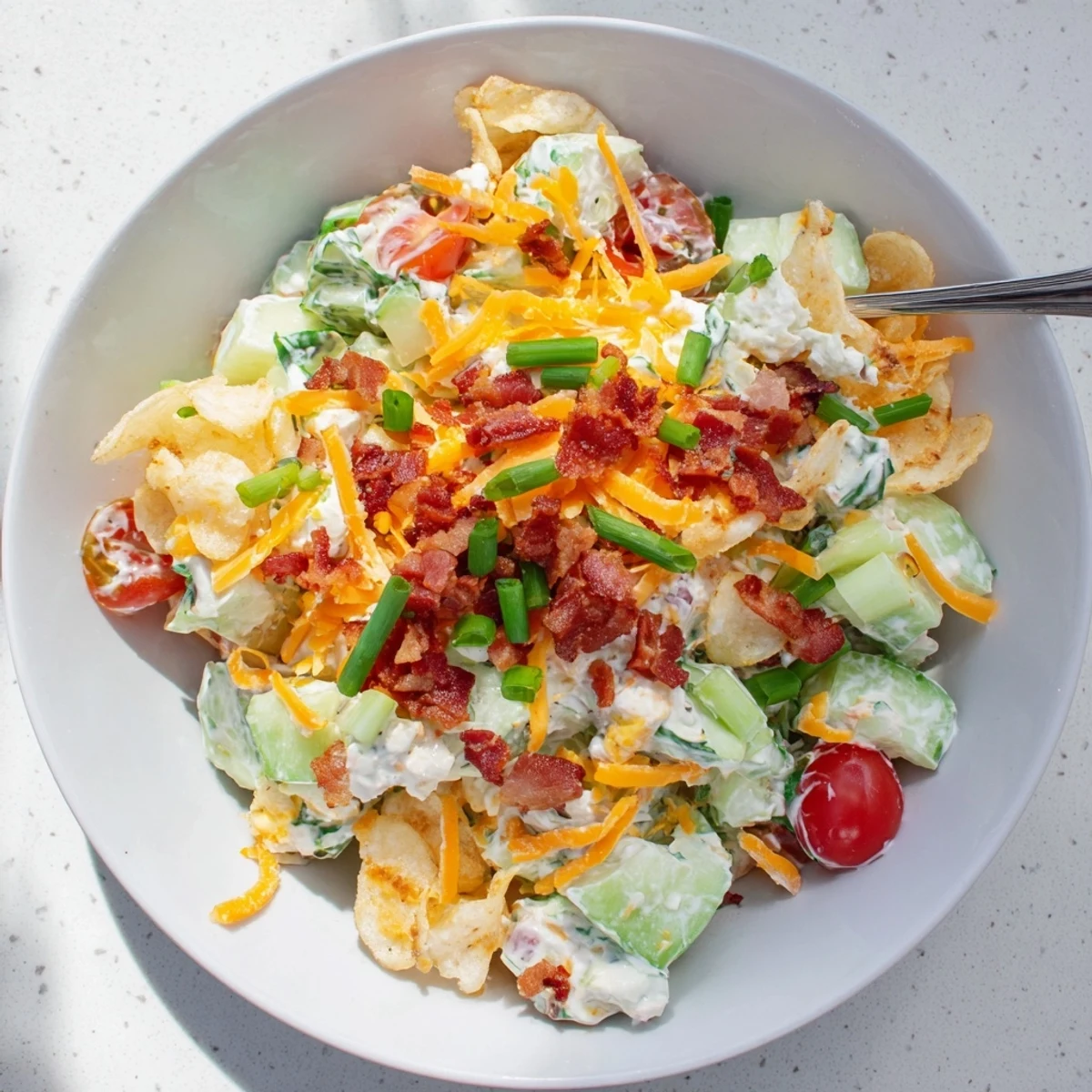 Creamy cucumber ranch crack salad with crisp vegetables, crumbled bacon, and melted cheddar cheese
