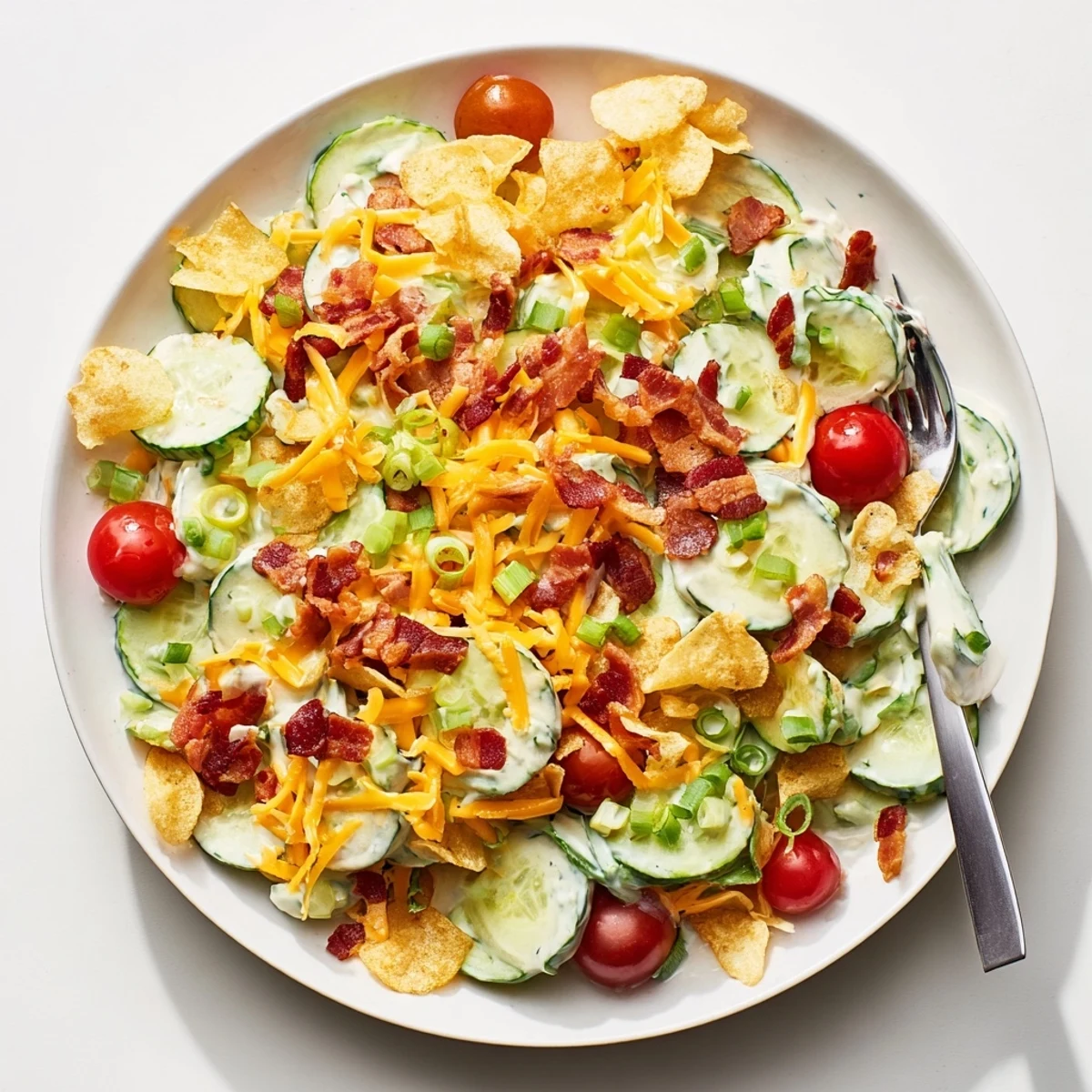 Crisp cucumber ranch crack salad bowl featuring bacon, tomatoes, and shredded cheese in creamy dressing