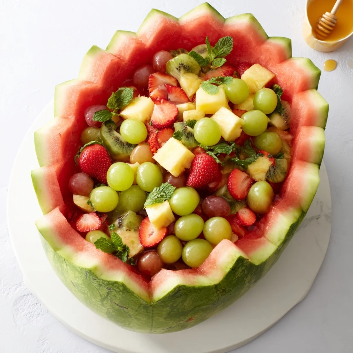 Carved watermelon basket overflowing with colorful fresh fruit salad for summer parties