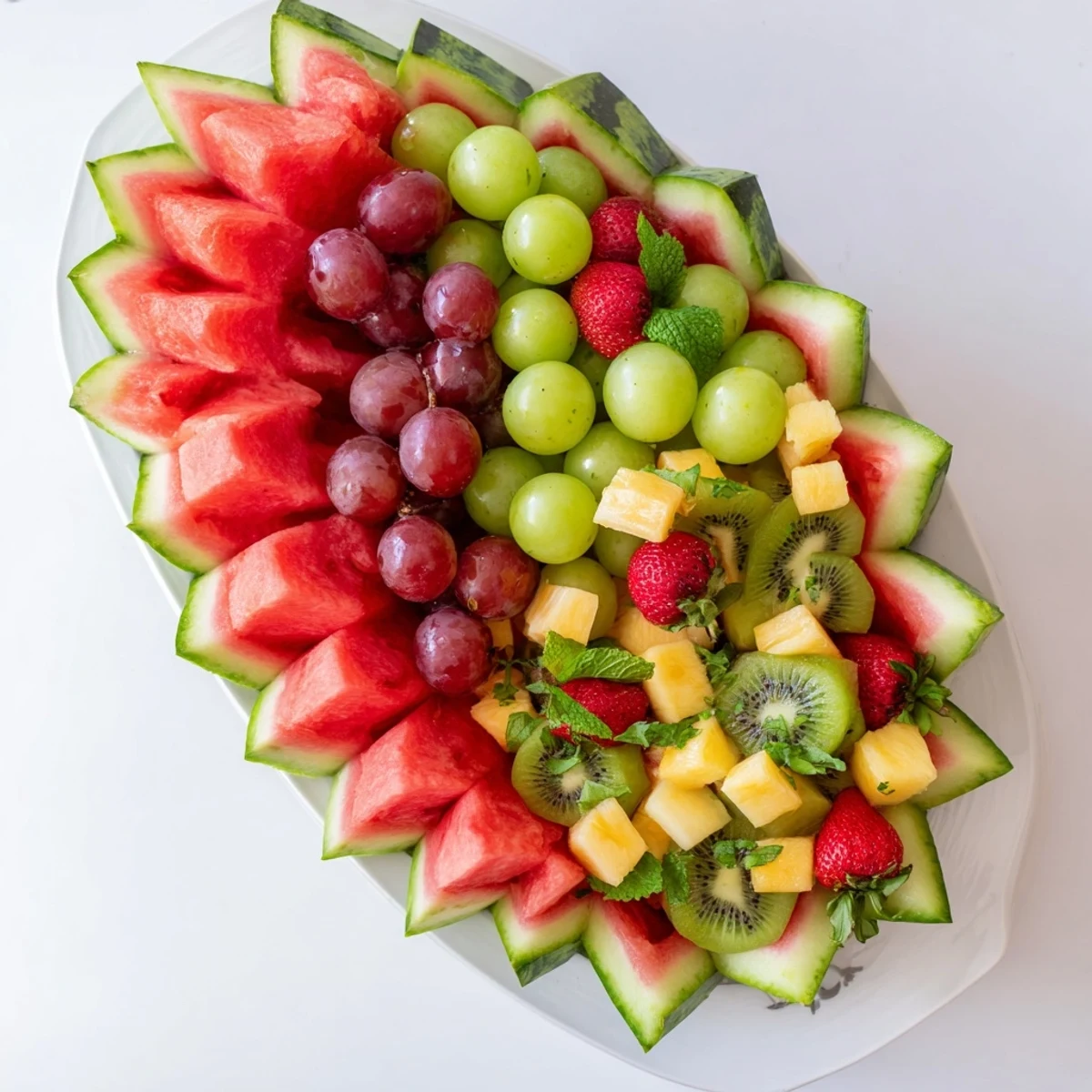 Vibrant watermelon basket filled with mixed melon berries and kiwi on serving table