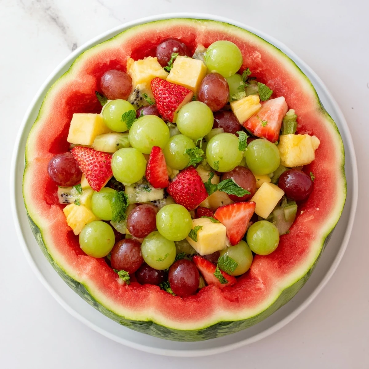 Refreshingsummer fruit salad displayed inside hollowedout watermelon basket with mint garnish