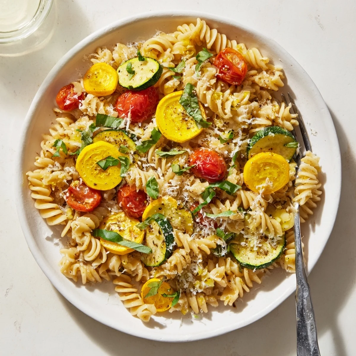 One-pan summer squash pasta featuring tender zucchini, roasted tomatoes, and grated Parmesan in a rustic Mediterranean-style dish