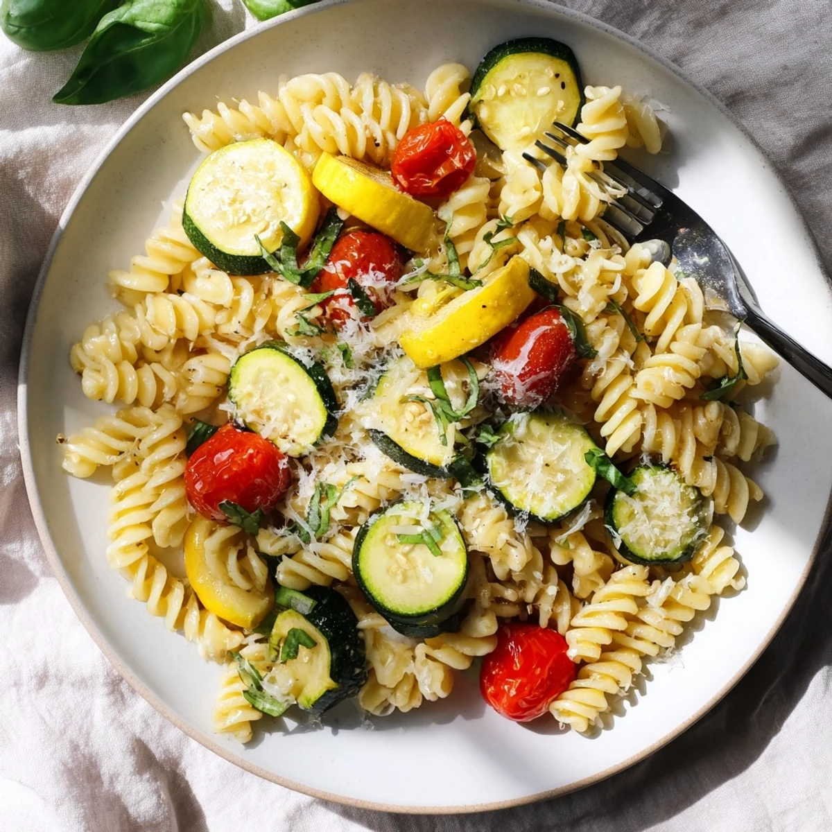 Golden summer squash pasta skillet tossed with cherry tomatoes and fresh basil in a light olive oil sauce