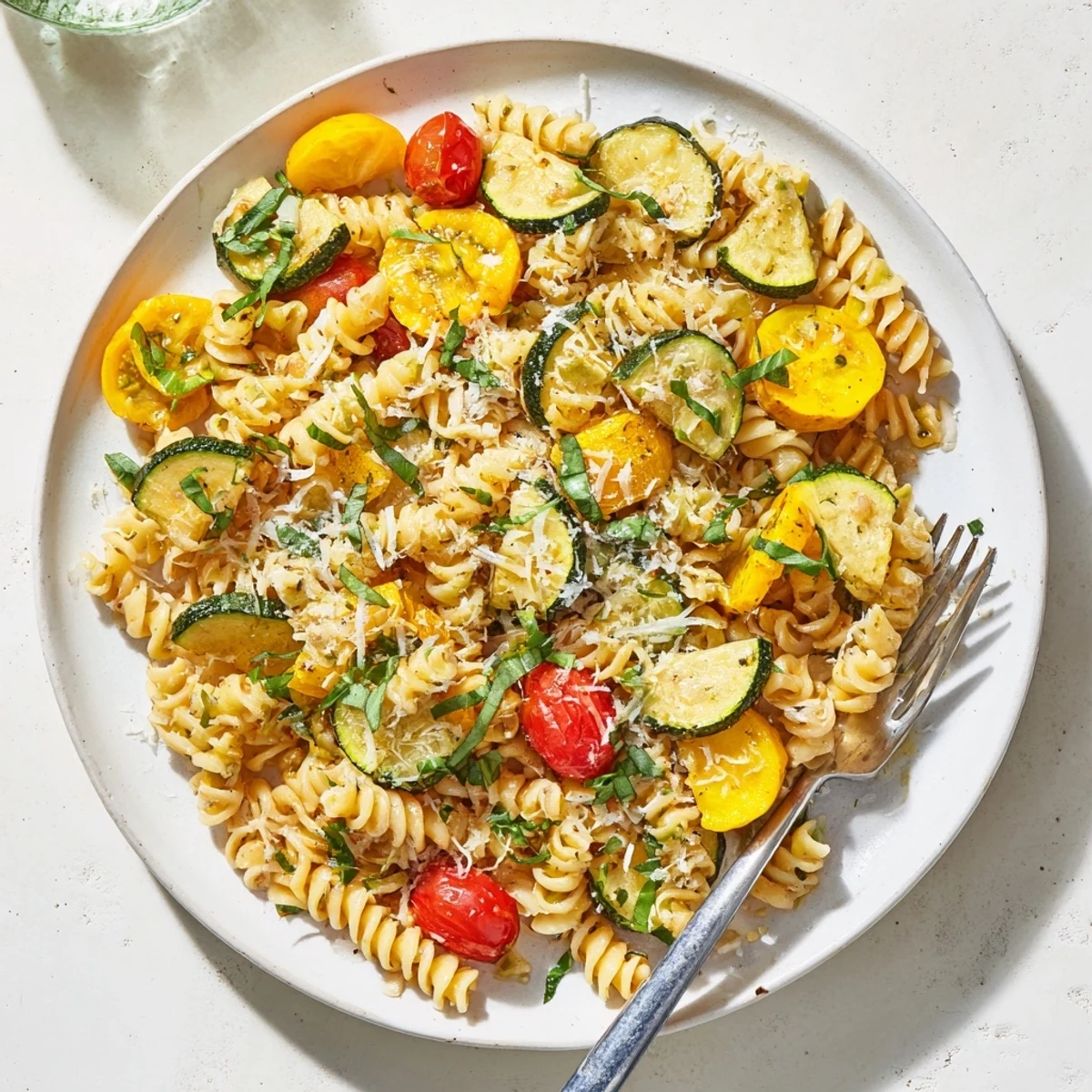 Vibrant skillet of summer squash pasta with herbs and garlic served hot for a quick vegetarian weeknight dinner