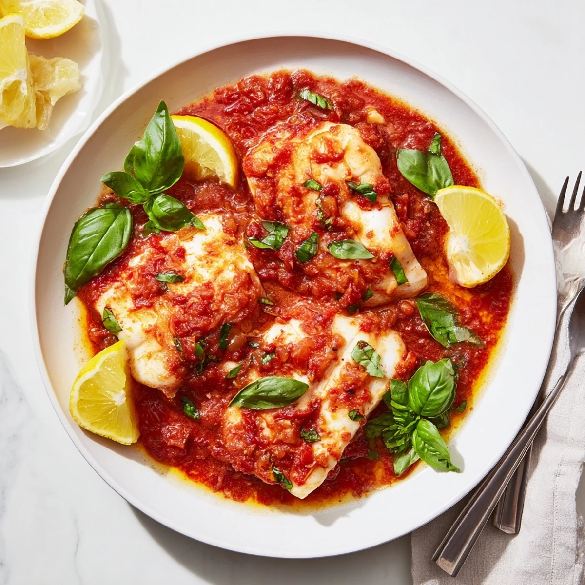 Golden halibut fillets poached in vibrant tomato-butter sauce with fresh basil garnish
