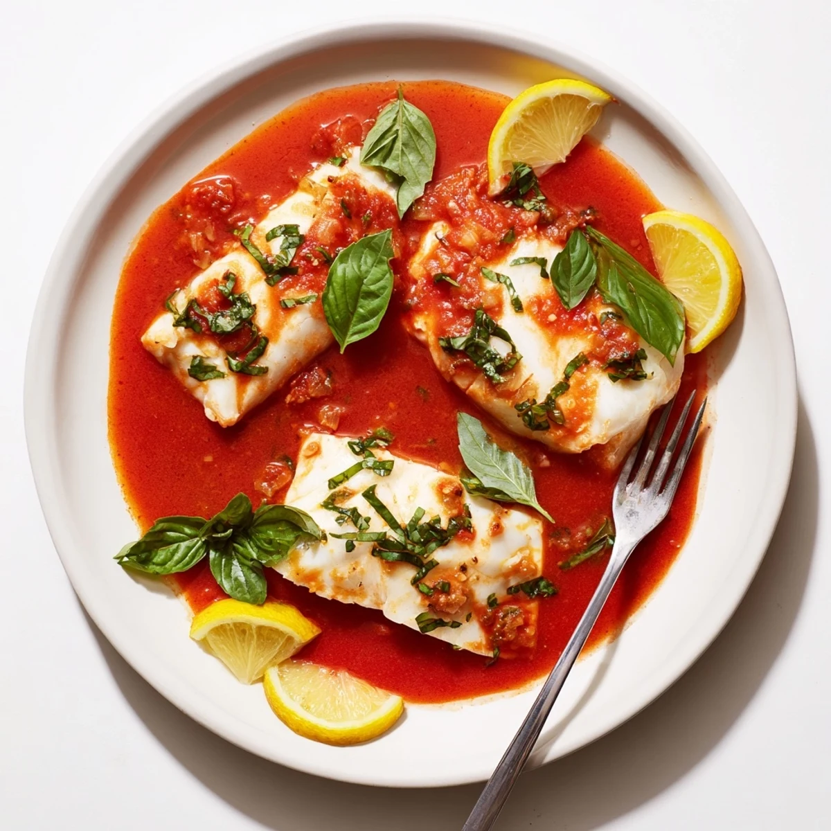 Flaky white halibut swimming in rich tomato sauce finished on the grill