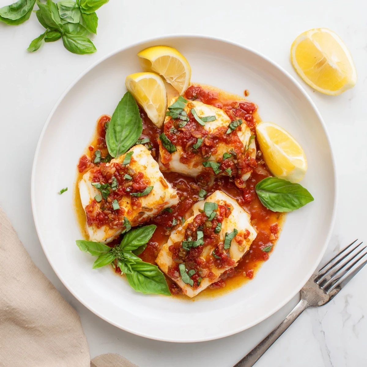 Succulent grilled halibut served in silky tomato-butter sauce with lemon wedges