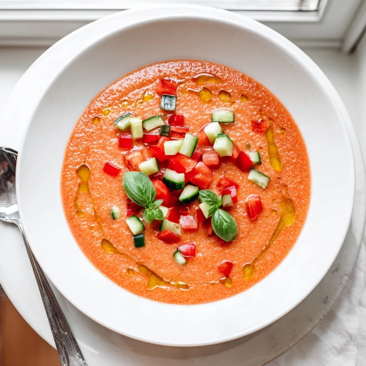 Chilled gazpacho soup served in white bowls with fresh diced vegetable garnish and olive oil drizzle
