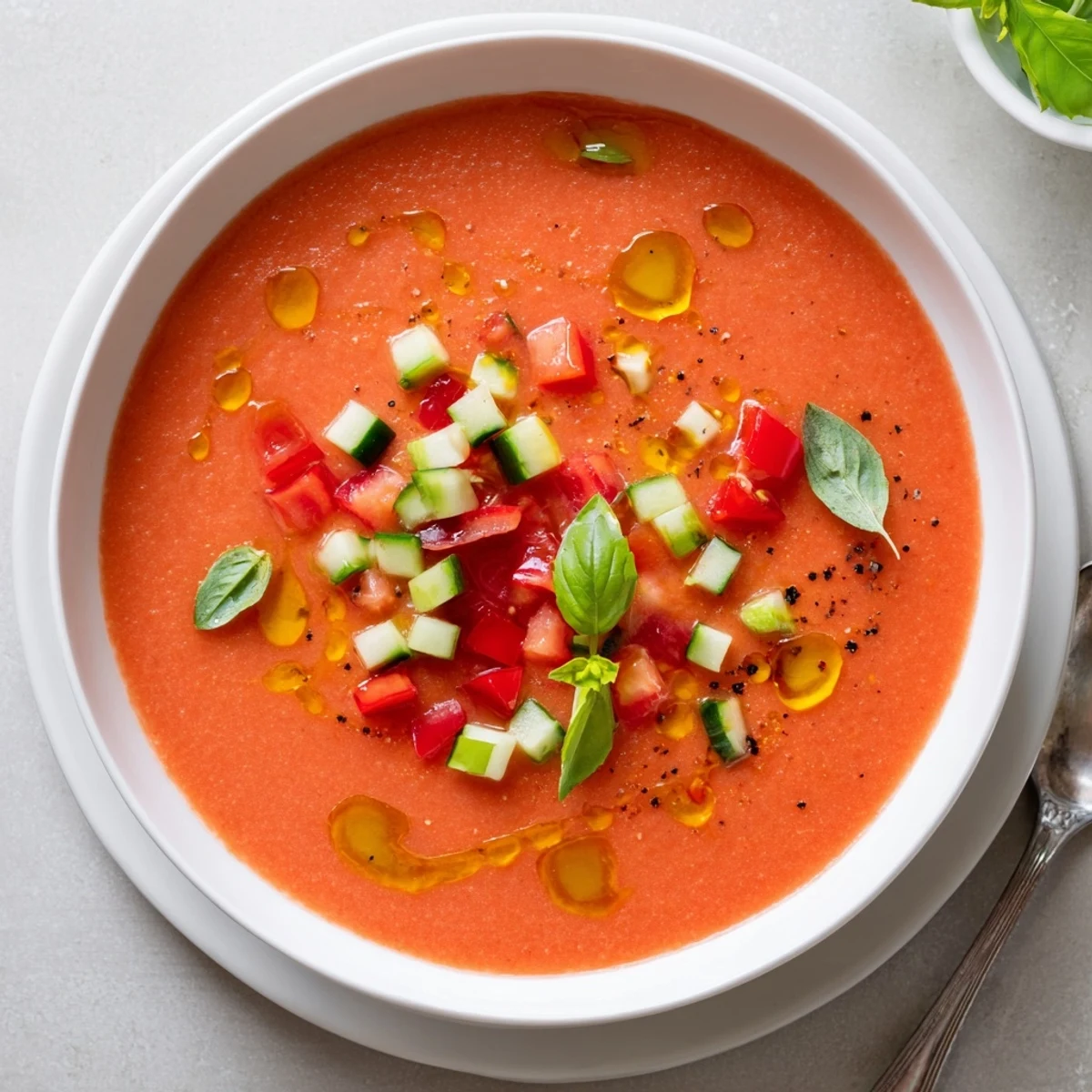 Vibrant red gazpacho recipe featuring blended tomatoes, cucumber, and bell peppers topped with colorful fresh herbs