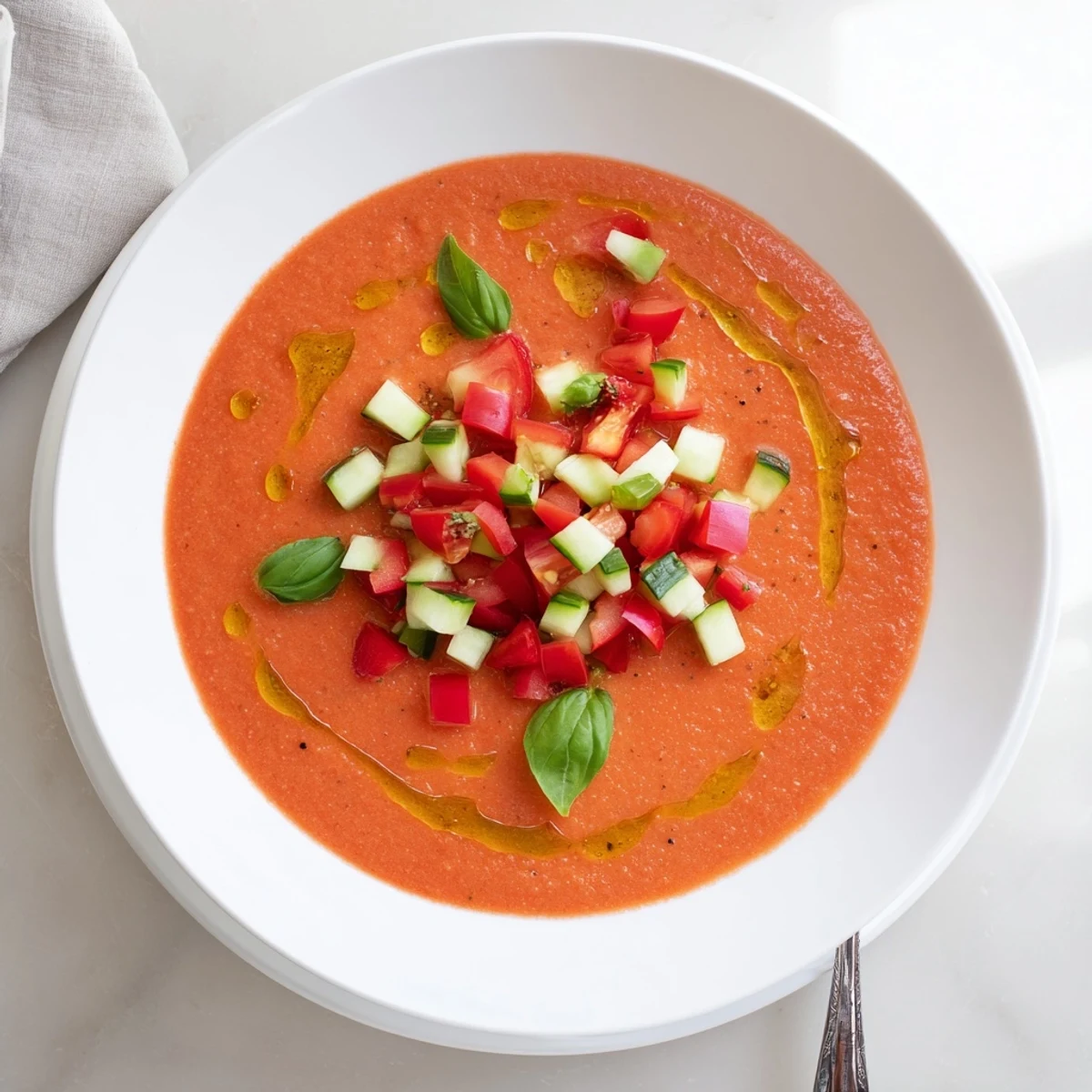 Creamy cold Spanish gazpacho soup with diced cucumber, tomato, and bell pepper garnish on a rustic wooden table