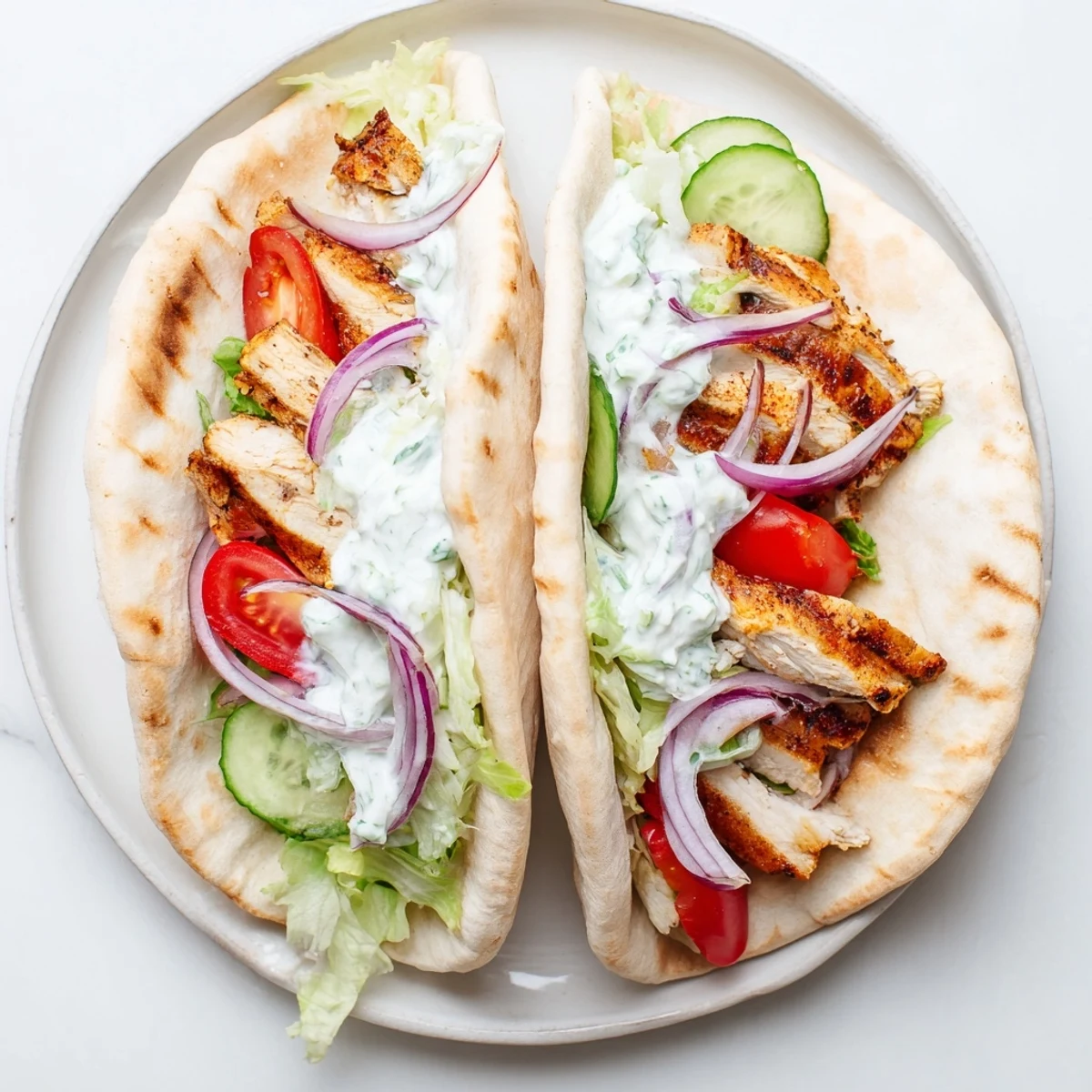 Golden sliced Greek grilled chicken pita wrapped with crisp vegetables and creamy tzatziki sauce