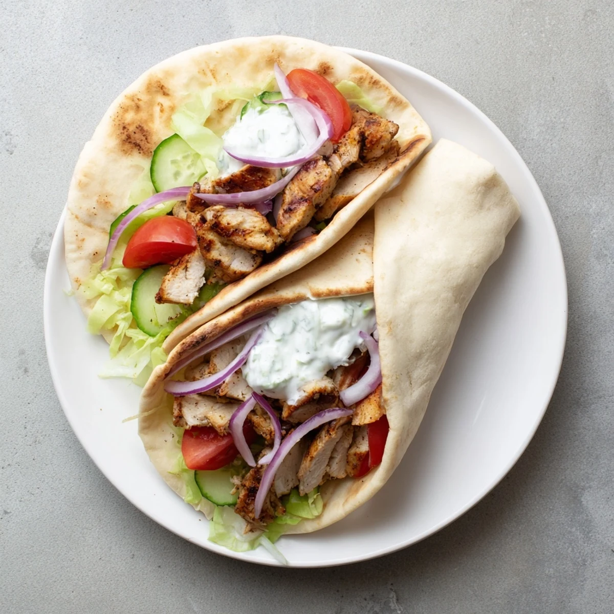 Mediterranean-style Greek grilled chicken pita sandwich overflowing with fresh tomatoes and red onion