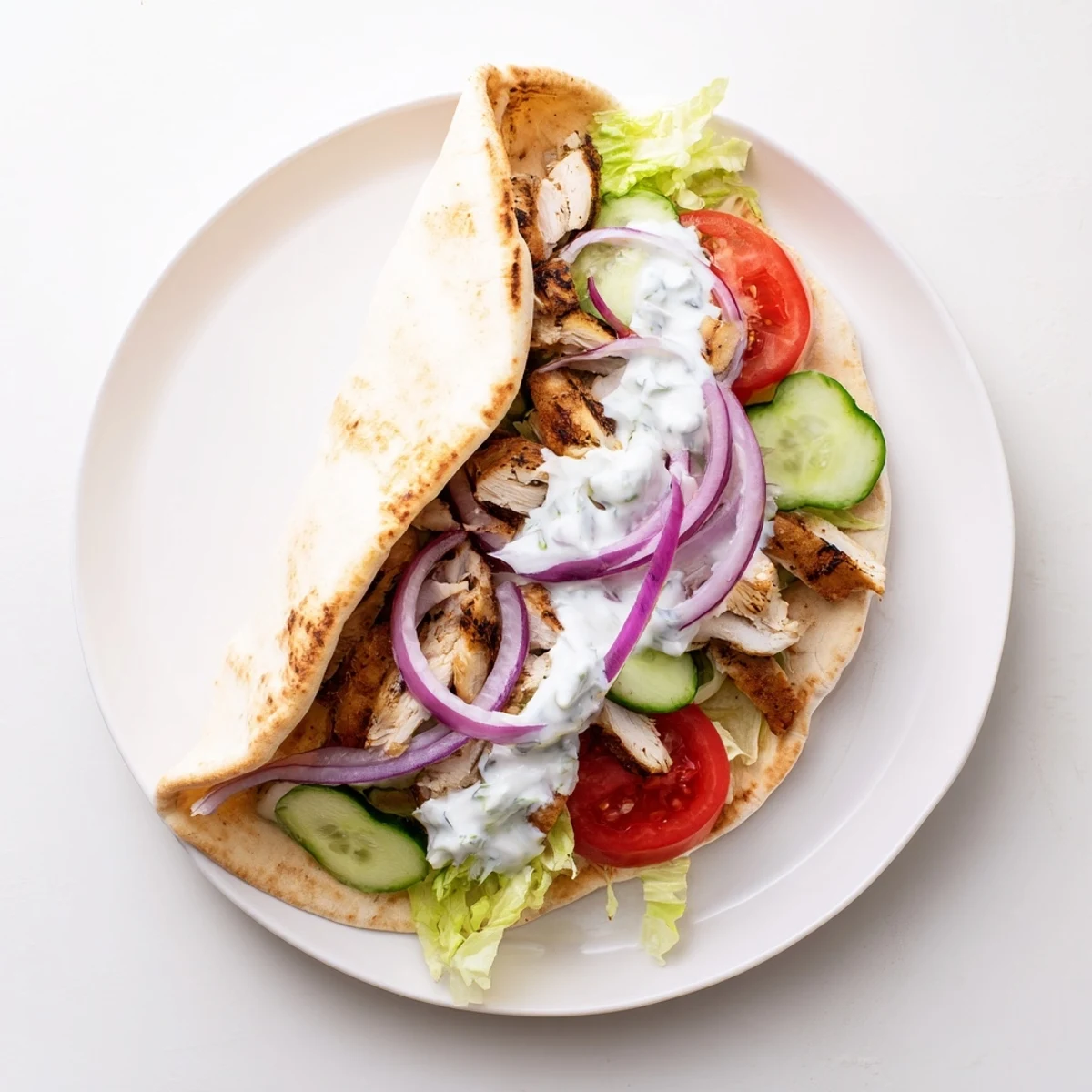 Juicy marinated Greek grilled chicken pita topped with tangy tzatziki and shredded lettuce
