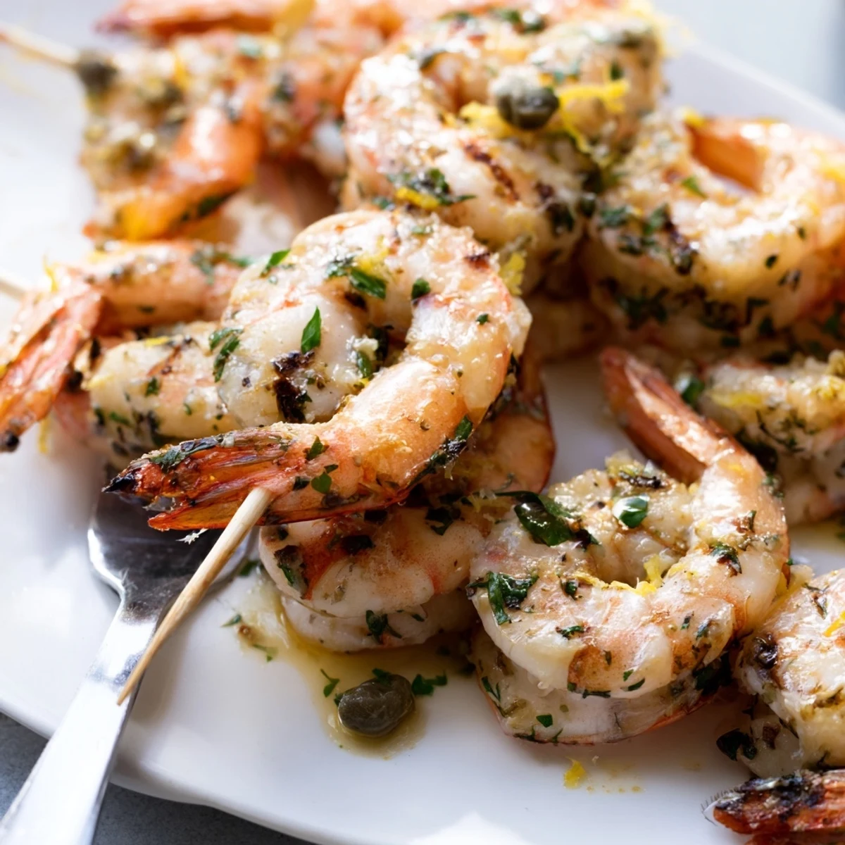 Juicy shrimp threaded on skewers grilled to perfection with capers and bright piccata glaze